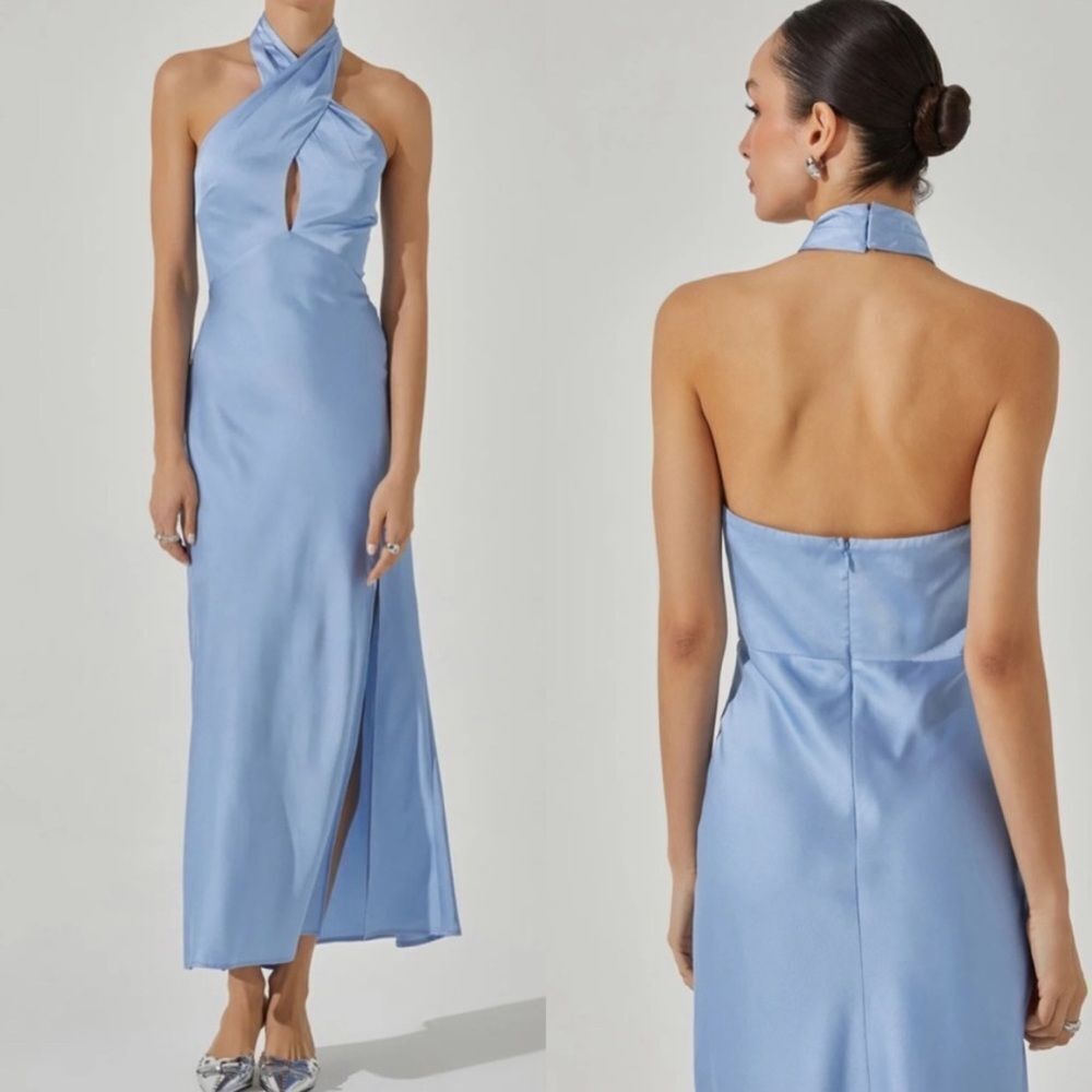 Astr NWT MARISSA SATIN HALTER NECK MIDI DRESS in Blue Size Small MSRP $138